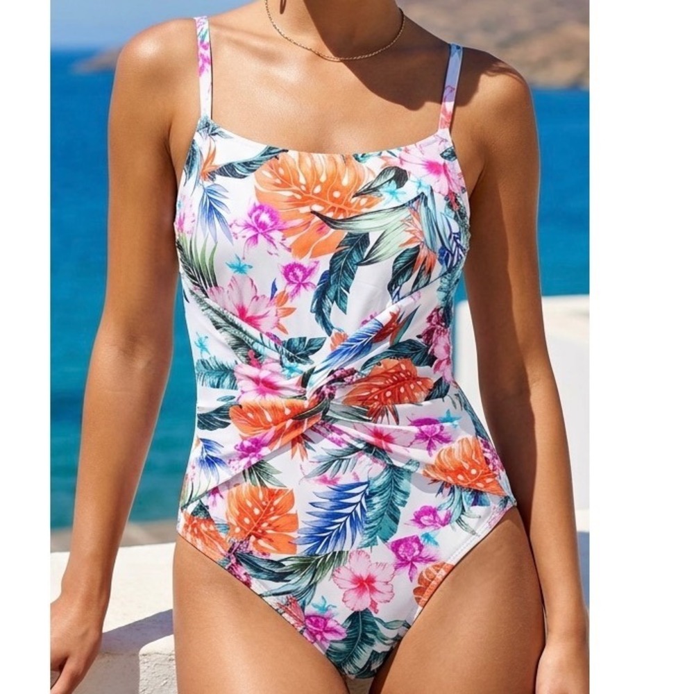 Jantzen size 10 One Piece Swimsuit Women White Multi Tropical Floral Twist Front